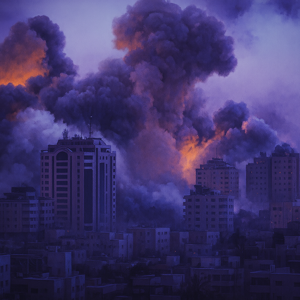 صورة فنية رقمية بأسلوب قاتم وبألوان بنفسجية وزرقاء طاغية، تُظهر أبراج سكنية محاطة بأعمدة كثيفة من الدخان والانفجارات، في صورة ترمز إلى القصف الجوي والدمار الواسع في قطاع غزة خلال العدوان الإسرائيلي باستخدام نظام لافندر.