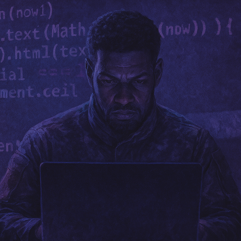صورة فنية رقمية بأسلوب قاتم وبألوان بنفسجية وزرقاء طاغية، تُظهر رجلًا بملامح عسكرية يمثّل ضابطًا في الاستخبارات الإسرائيلية يعمل على حاسوب محمول، وخلفه شيفرات برمجية، في مشهد يرمز إلى دور الذكاء الاصطناعي والخوارزميات في اتخاذ قرارات الاستهداف العسكري في قطاع غزة.