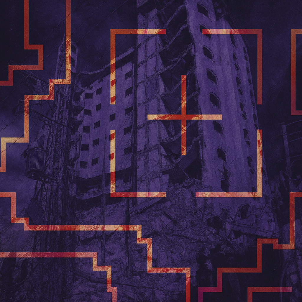 صورة فنية رقمية بأسلوب قاتم وبألوان بنفسجية وزرقاء طاغية، تُظهر مبنى سكنيًا مدمّرًا محاطًا بعلامات تصويب رقمية باللون الأحمر، في مشهد يرمز إلى استخدام أنظمة الاستهداف التكنولوجية الاسرائيلية وخصوصًا نظام لافندر في الاعتداء على الفلسطينيين .بالقصف والتدمير