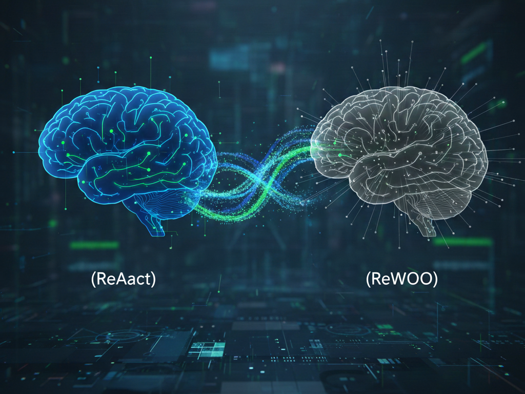 صورة مولّدة عبر برنامج الذكاء الاصطناعي Gemini توضح الفرق بين ReAct و ReWOO