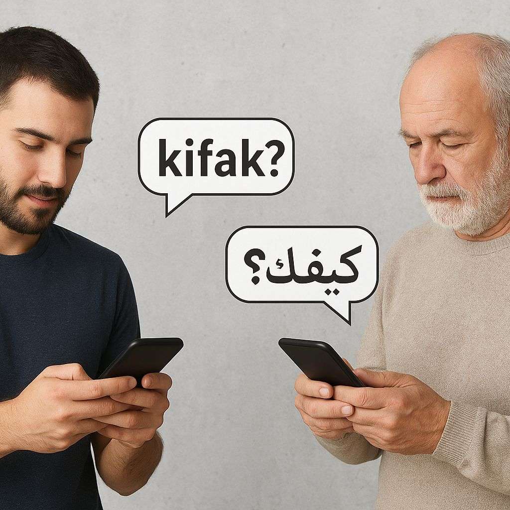 الحرف اللاتيني
اللغة العربية
الفرق بين الحروف
الفرق بين الجيلين
الجيل القديم يستخدم الحرف العربي
الشاب يستخدم الحرف اللاتيني