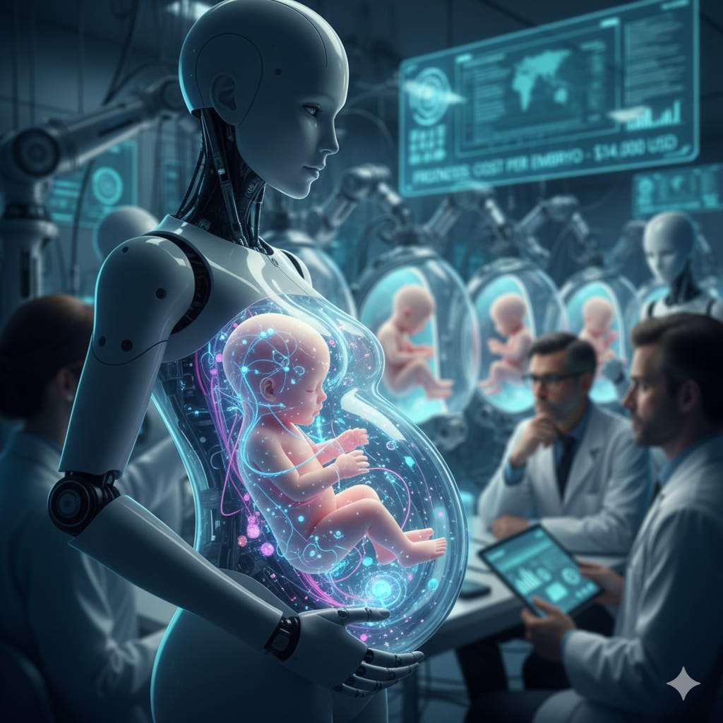 رحم اصطناعي يحتوي جنينًا داخل بيئة مخبرية متقدمة، في مشهد يقارن بين تقنيات الإنجاب الحديثة والحمل الطبيعي ومستقبل الأمومة