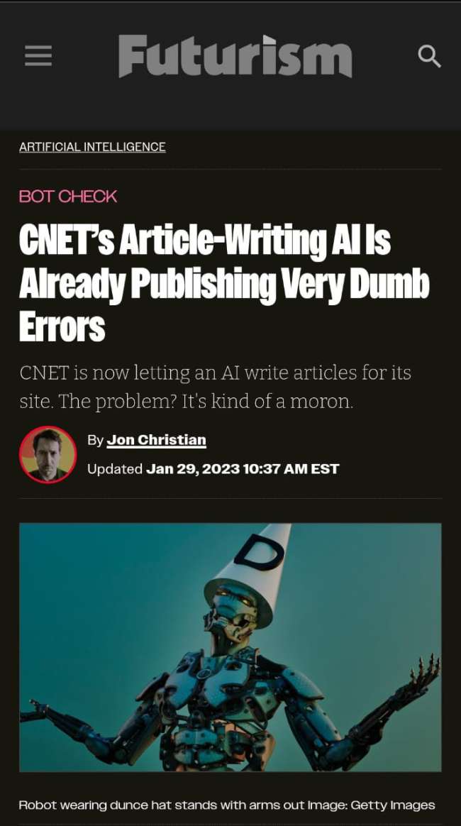 لقطة شاشة لمقال موقع Futurism الذي كشف فضيحة استخدام موقع CNET للذكاء الاصطناعي في كتابة التقارير المالية سراً.